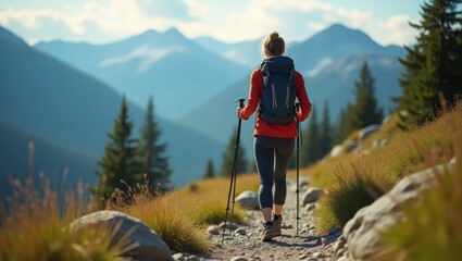 Female hiker with orange backpack and trekking poles walking on mountain trail through alpine landscape with snow-capped peaks and evergreen forest in background