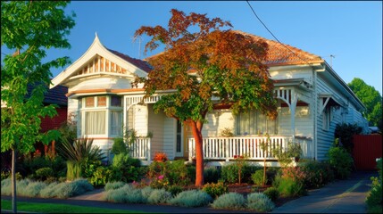 Charming white-painted house with red-tiled roof under clear blue sky, featuring ornate eaves, bay window, and decorative glass panes. Small porch with white railings adorned with potted plants, 