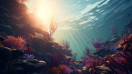 Sunlit coral reef, vibrant colors, underwater scene.