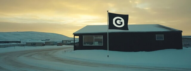 Snow-covered building with a flag under a yellow sky.
