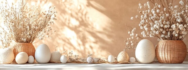 Dried flowers, eggs, and woven baskets in a coastal still life.