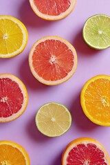 Obraz premium Vibrant Citrus Fruits Arranged in Geometric Pattern on Soft Pastel Background With Space Above for Text