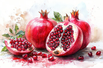 Watercolor painting of pomegranates.