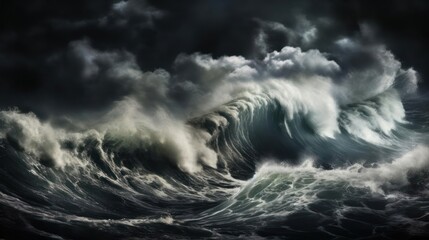 Powerful ocean waves crashing against a dark sea.