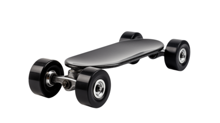 Modern silver skateboard isolated on transparent background presents streamlined design