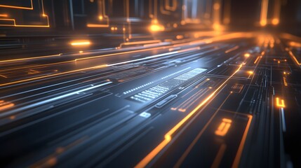 Complex, futuristic circuit board with glowing lines.