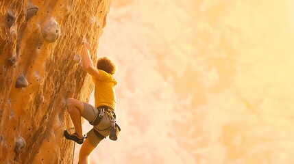 Man with curly hair climbs a rock wall in warm golden sunlight
