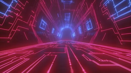 Neon glowing circuit board tunnel.