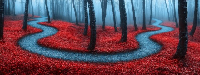 Eerie forest stream winding through red leaves.