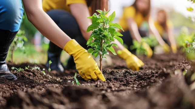 A group of volunteers planting trees in a community garden.