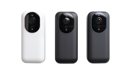 Surveillance cameras in white and dark gray on a transparent background.