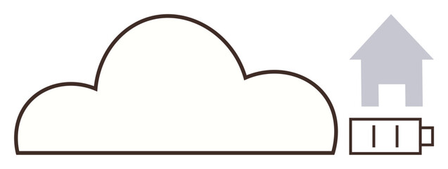 Cloud outline linked to a house and battery icon, symbolizing connectivity, energy management, and data storage. Ideal for technology, sustainability, IoT, energy, smart systems innovation simple