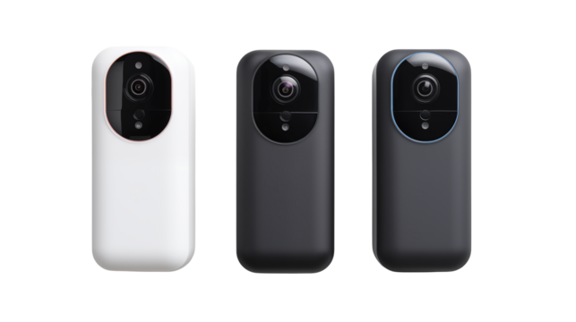 Surveillance cameras in white and dark gray on a transparent background.