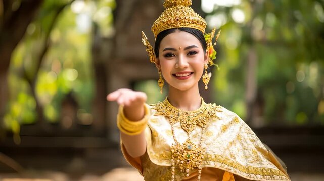 Elegant Thai dancer in traditional costume and golden headdress performing folk dance