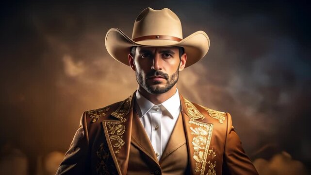 Confident charro portrait with ornate suit and hat against a smoky backdrop for cultural celebrations