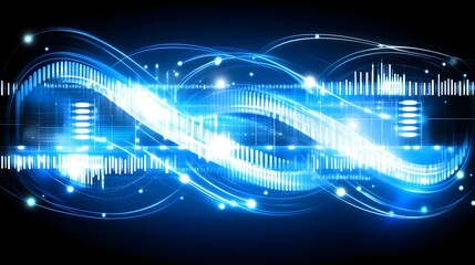 Abstract design with glowing blue lines and patterns.