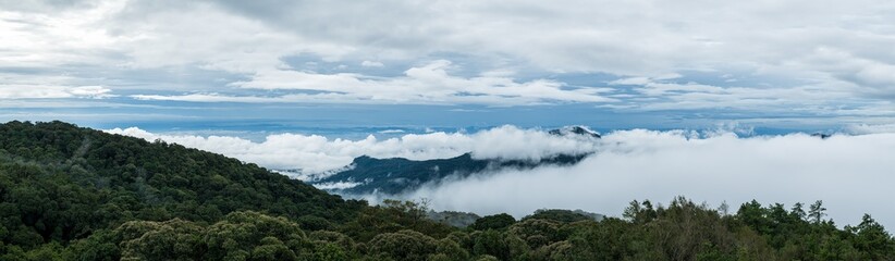 Misty landscape with forest. Foggy clouds above tree. Panoramic mountain in deep countryside at Thailand. nature background