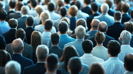 Obraz premium A large group of employees attending a seminar-style business meeting.
