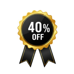Elegant gold ribbon badge announcing forty percent off sale isolated on transparent background