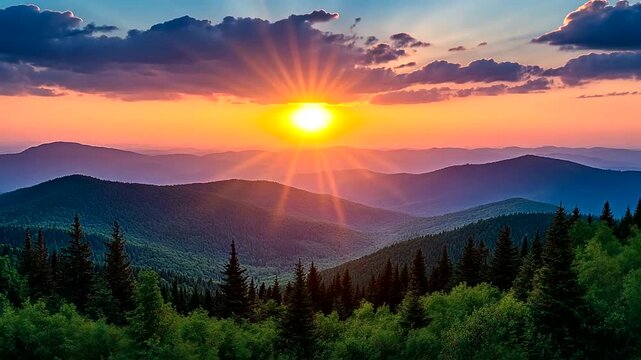 Dramatic mountain sunrise over forest valley with vibrant colors in sky and clouds