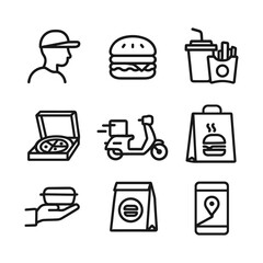 Fast food takeaway icons set. Outline symbols. Line design