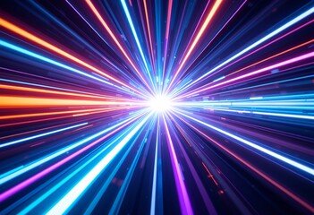 Obraz premium Vibrant dynamic radial beams of colorful light converging toward a bright center in dark space