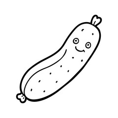 Cute sausage icon with smiling face. Outline vector of cartoon meat food item.
