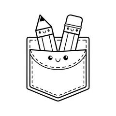 Cute pencil holder icon with smiling face. Stationery cup with pencils and ruler vector.
