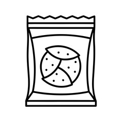 Snack bag icon with chips symbol. Outline vector of food packet packaging design.
