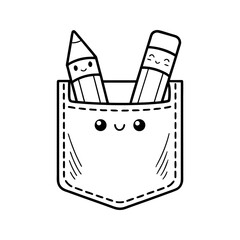 Cute pencil holder icon with smiling face. Stationery cup with pencils and ruler vector.
