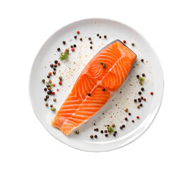 Top view of single raw salmon piece with pepper and other spices in white ceramic plate isolated and generated with AI in png file format