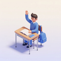 Isometric 3D rendering of a young male student sitting at a wooden desk with an open book and a notebook.
