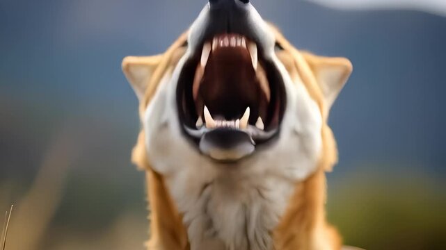 Close-Up Portrait of an Aggressive Dingo with Sharp Teeth Displaying Wild Nature Instinct