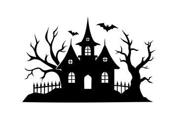 Haunted House Silhouette with Bats and Creepy Trees. Spooky Halloween Castle Vector