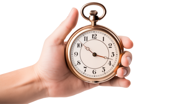 Antique gold pocket watch held in a human hand isolated on transparent background