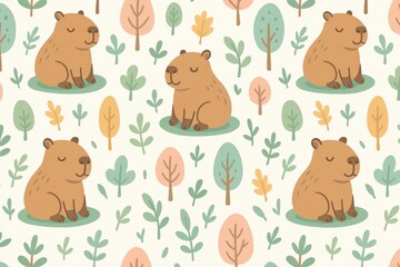 Whimsical Capybara Pattern: A playful illustration of adorable capybaras nestled among stylized trees and foliage, showcasing a cheerful.