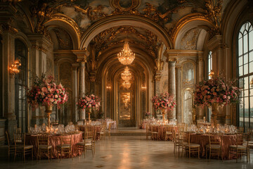 Obraz premium Chandelier hanging over tables and chairs in a spacious room.