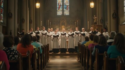 Solemn church choir performing for congregation under stained glass windows serene atmosphere - Powered by Adobe