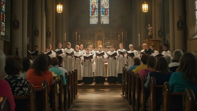 Solemn church choir performing for congregation under stained glass windows serene atmosphere