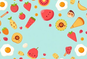 Cute fruit, bakery, sweet treats & fried egg pattern; seamless design for banners,   appetizing,   colorful