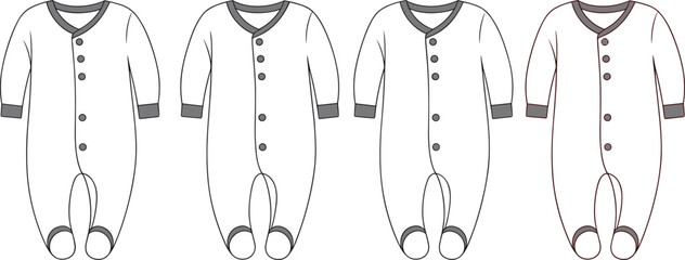 Cute Baby Footed Romper Sleepsuit Bodysuit Flat Lay Vector Set, Infant Onesie Apparel Design, Newborn Clothing Illustration, Comfortable Babywear, Adorable Baby Fashion, Item, Baby Shower Gift Idea.