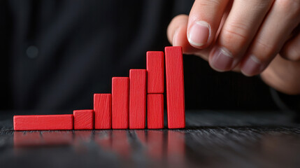 A hand placing a red block on a stack of red blocks, with a black background.