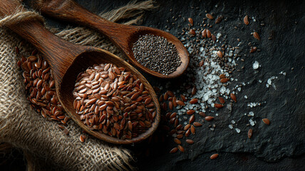 Flaxseed and chia seeds in wooden spoons on dark slate background