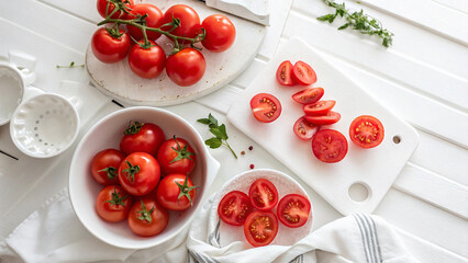 Tomatoes and tomato slice on cutting board on white table in kitchen Top View