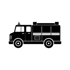 Black fire truck vector. Emergency vehicle silhouette icon for rescue service.
