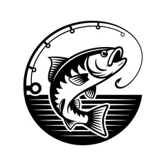 Jumping fish with fishing hook and rod. Black and white angling illustration.
