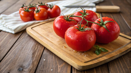 Tomatoes on cutting board on wooden table in kitchen