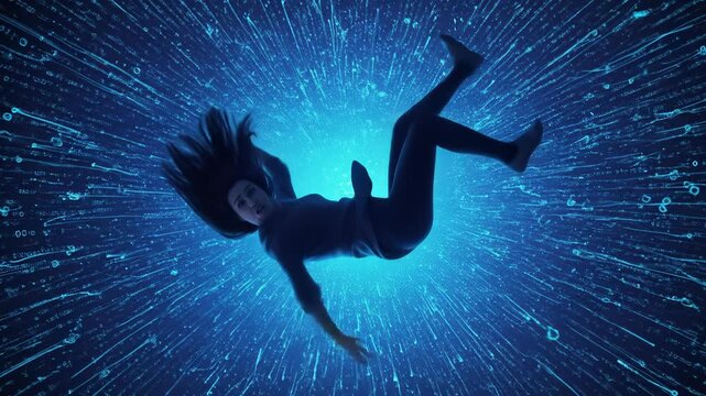Woman Free Falling Through Digital Data Stream - Conceptual Journey Into Technology Realm