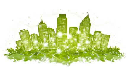 Sustainable city skyline illustration with interconnected buildings.