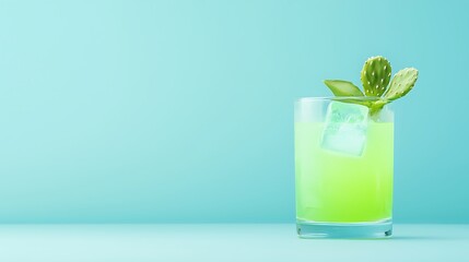 Refreshing green cactus cocktail with ice and garnish on teal background